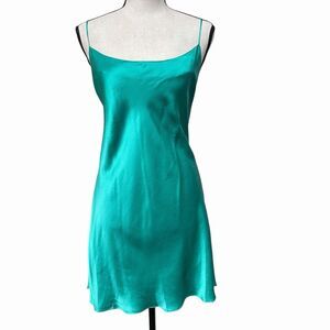VTG Morgan Taylor Silk Slip Dress Teal Bias Cut 90s Y2K L